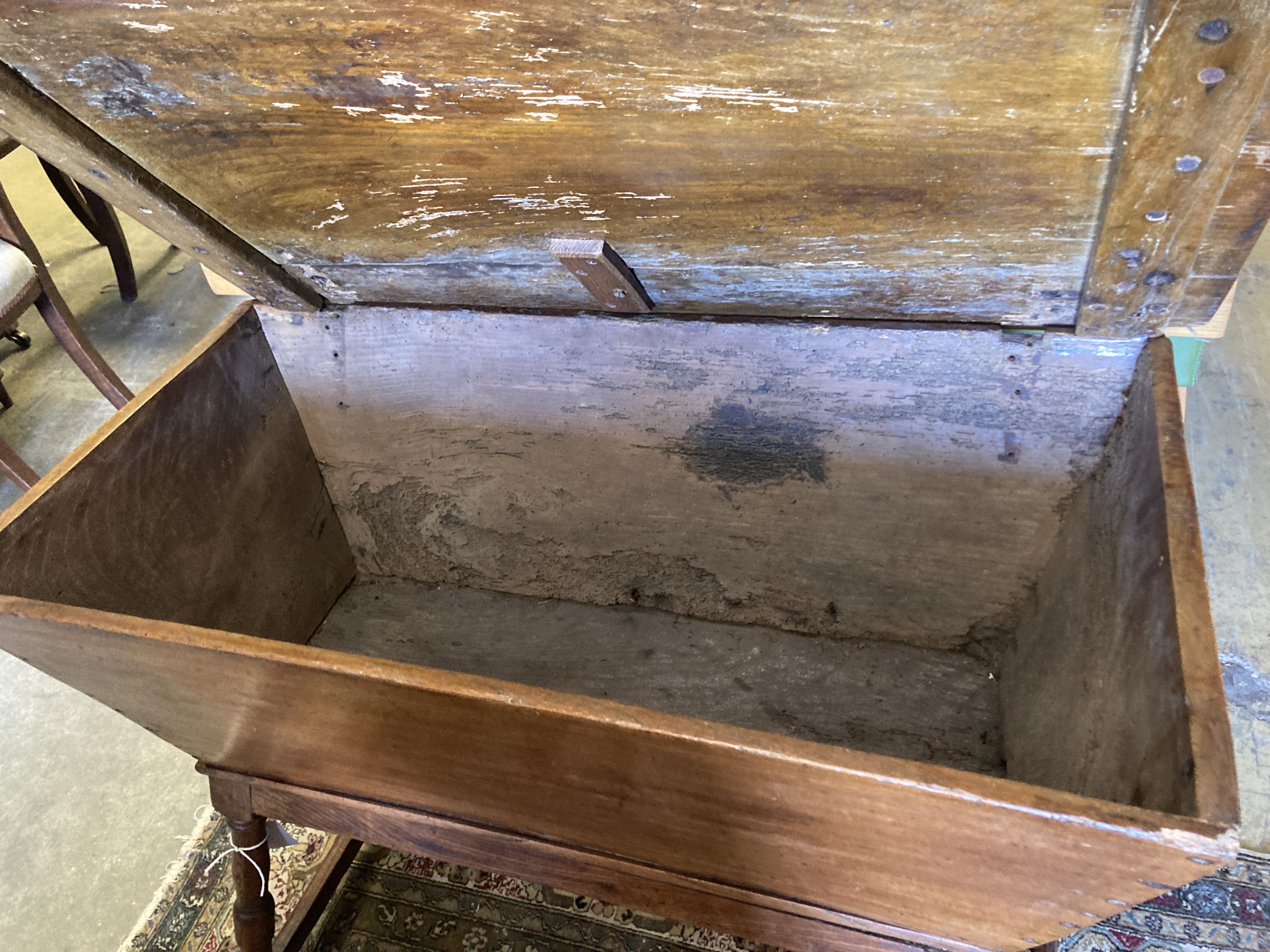 An 18th century elm and fruitwood dough bin, length 90cm, depth 47cm, height 76cm